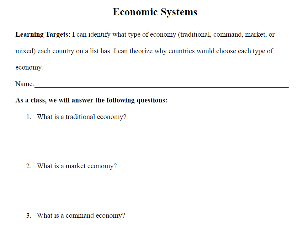 Economic Systems Worksheet