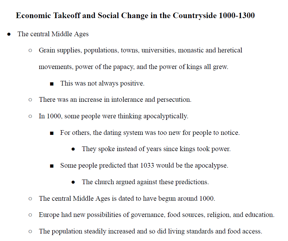 Economic Takeoff and Social Change in the Countryside 1000-1300 Notes