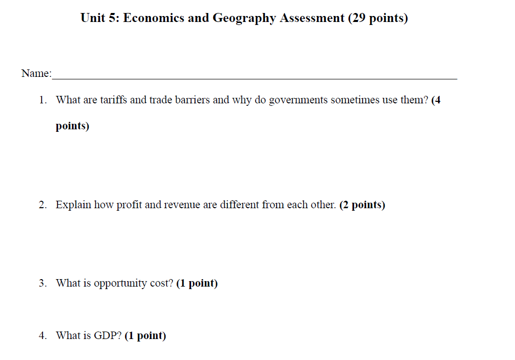 Economics and Geography Assessment