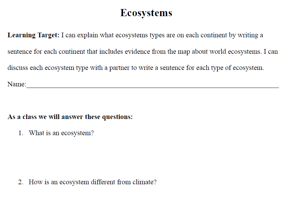 Ecosystems Worksheet