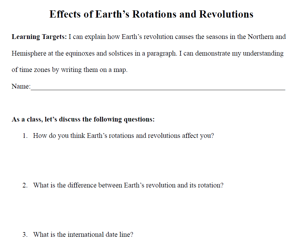 Effects on Earth's Rotations and Revolutions Worksheet