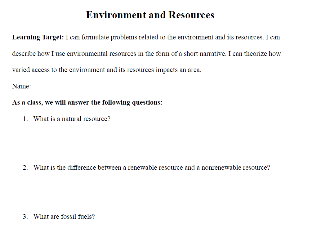 Environment and Resources Worksheet