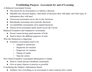 Establishing Purpose: Assessment for and of Learning Notes