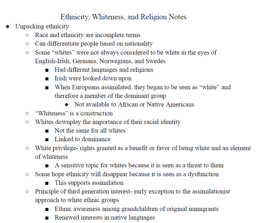 Ethnicity, Whiteness, and Religion Notes