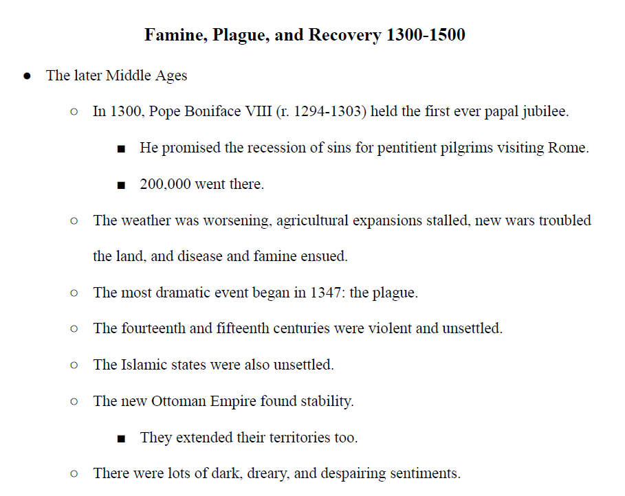 Famine, Plague, and Recovery 1300-1500 Notes