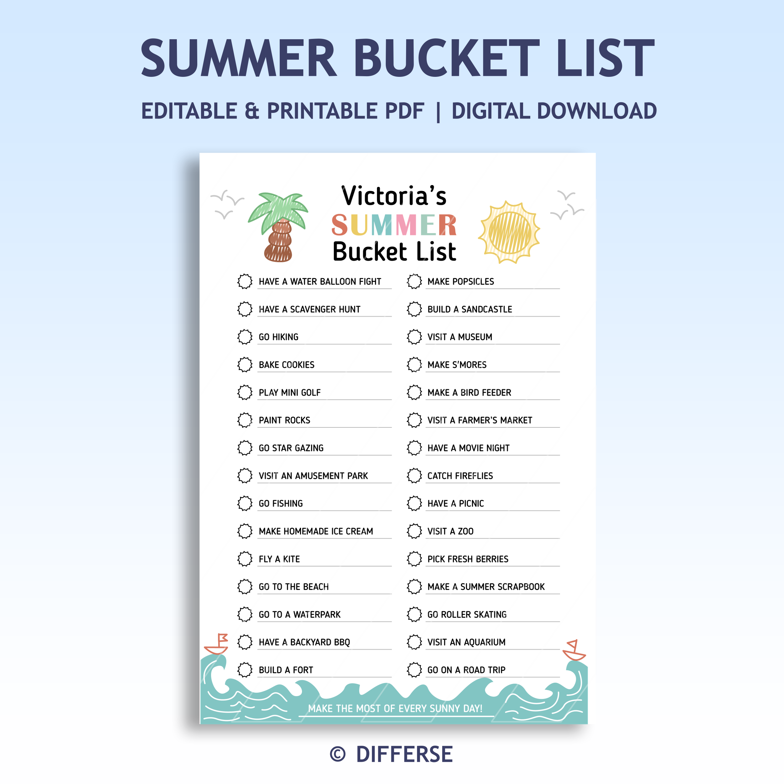 Summer Bucket List | Editable Summer Activities | Summer Fun List | Summer Planner | Activity List