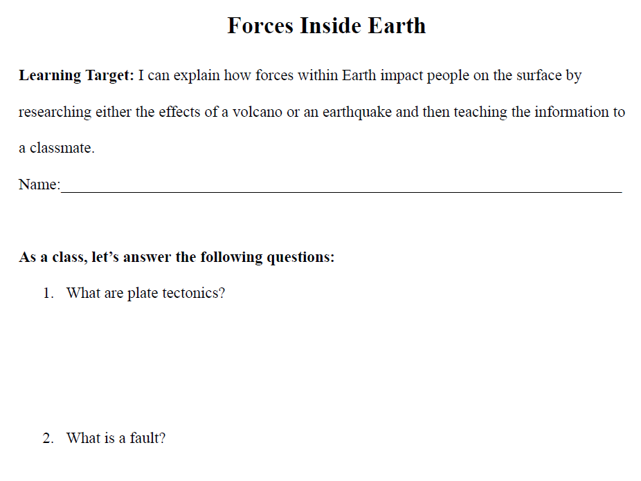 Forces Inside Earth Worksheet