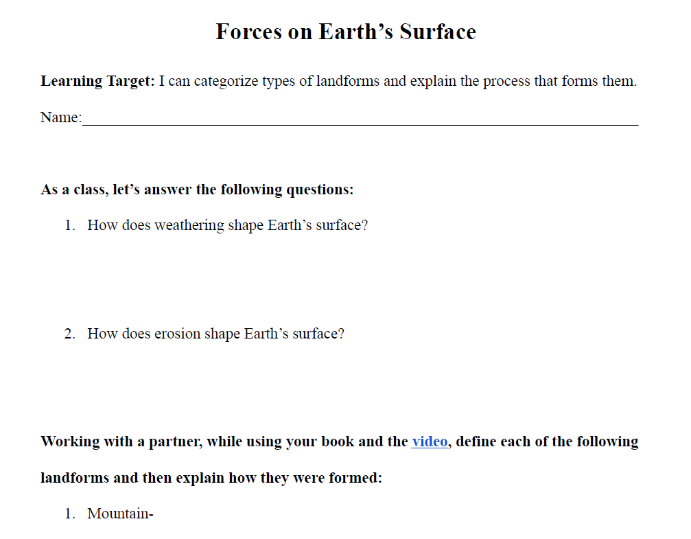 Forces on Earth's Surface Worksheet