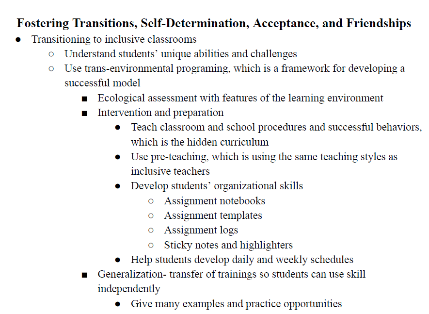 Fostering Transitions, Self-Determination, Acceptance, and Friendship Notes