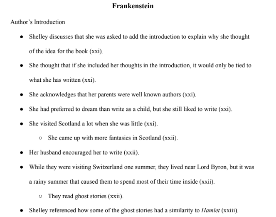 Frankenstein Notes