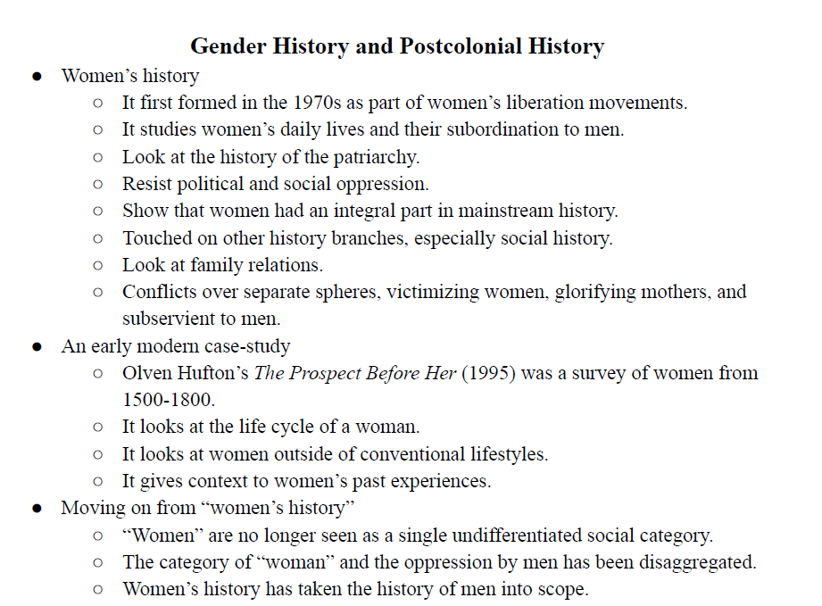 Gender History and Postcolonial History Notes