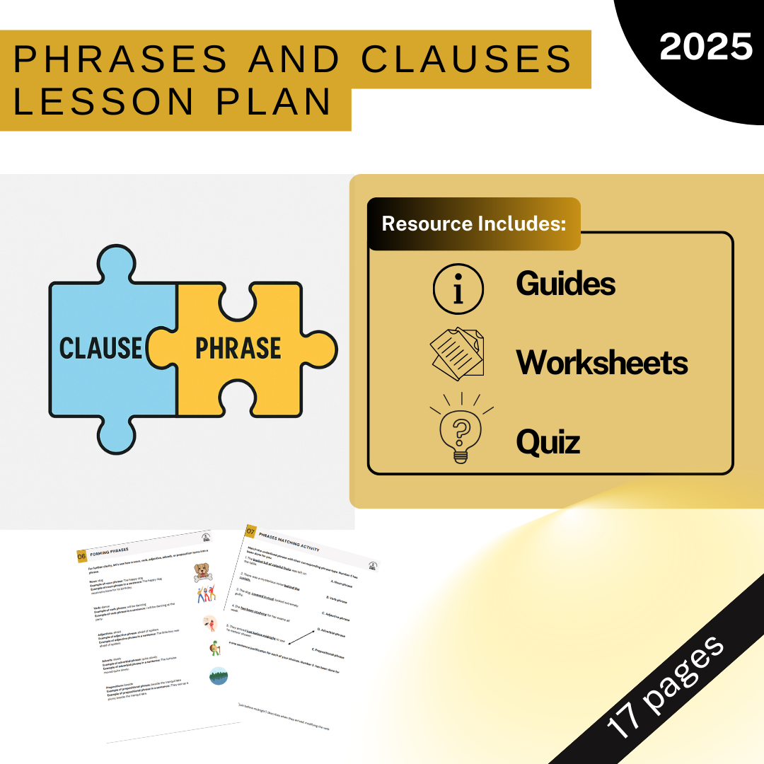 Phrases & Clauses - Grammar Lesson Plan - Guide, Worksheets, Quiz, - No Prep