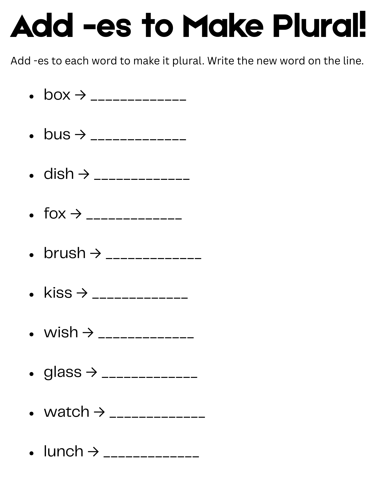 add es to make plural worksheet