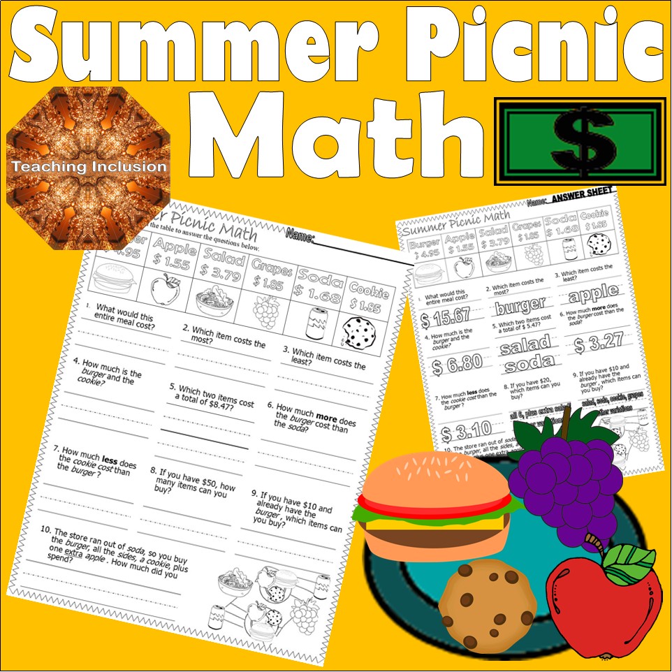 Summer Picnic Feast Math Adding & Subtracting Money Word Problems Decimals NO PREP