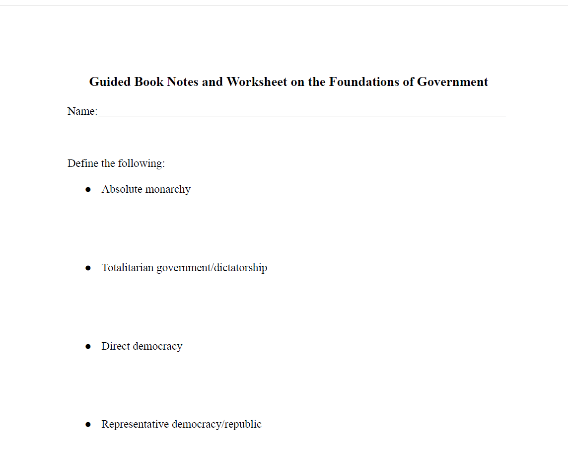 Guided Notes Packet on the Foundations of U.S. Government