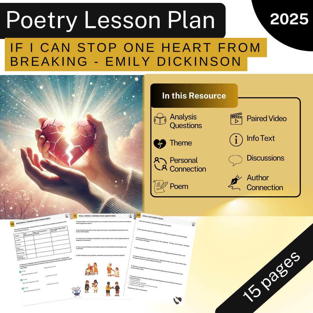 If I Can Stop One Heart From Breaking Emily Dickinson Poetry Lesson Plan No Prep
