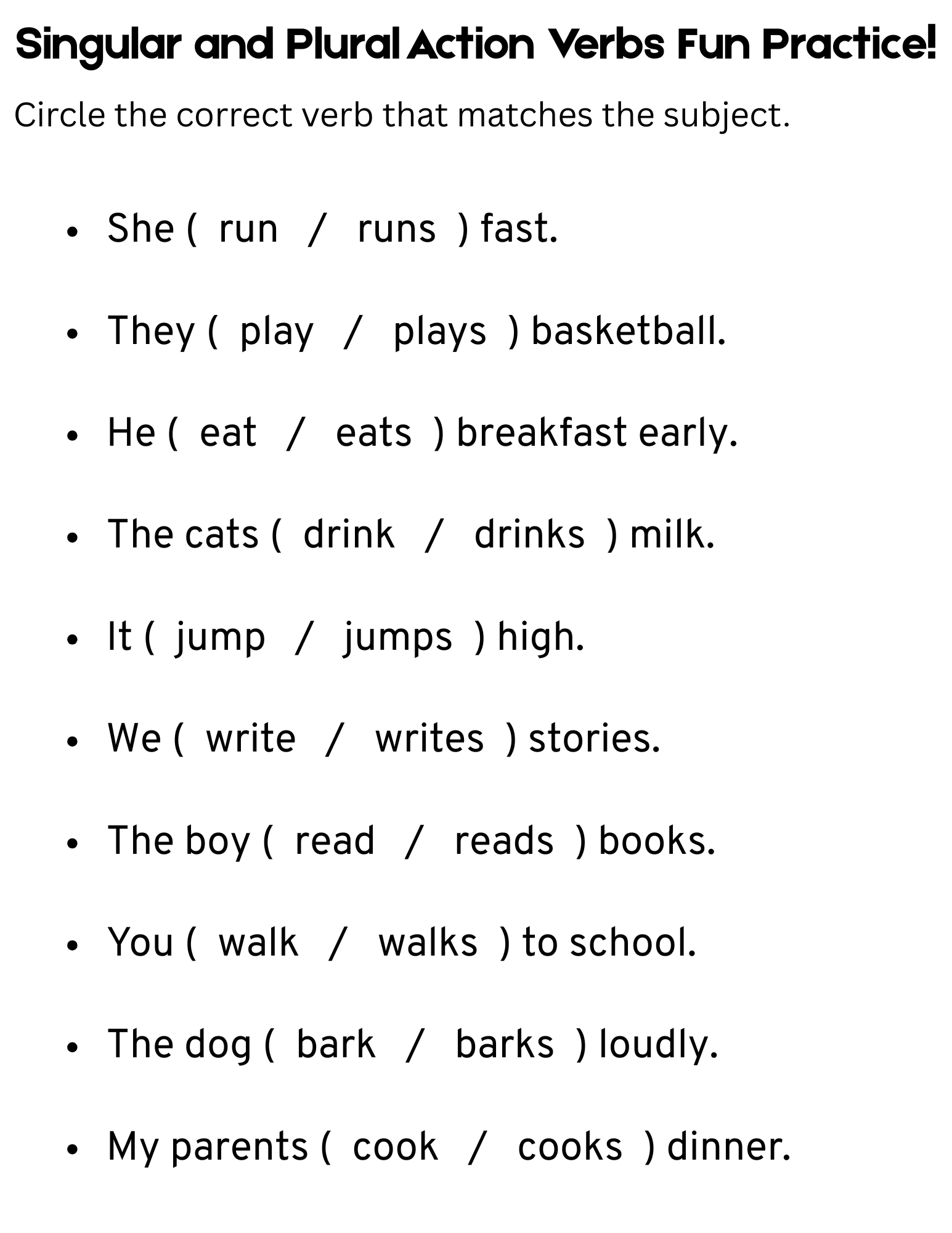 action verbs singular and plural worksheet