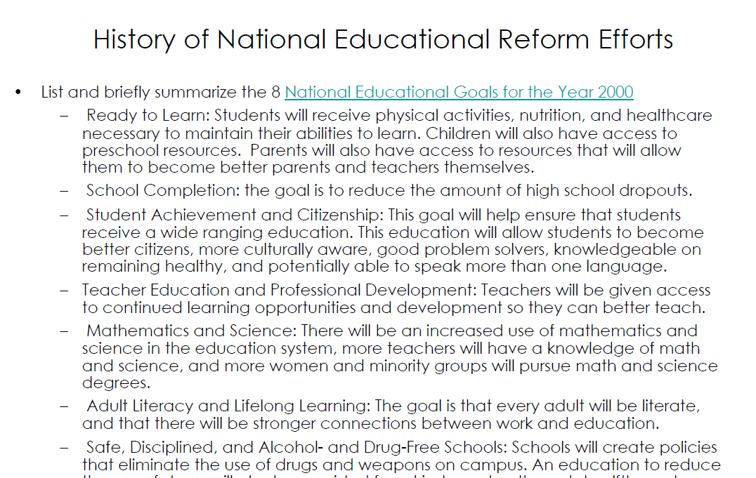 History of National Education Reform Notes