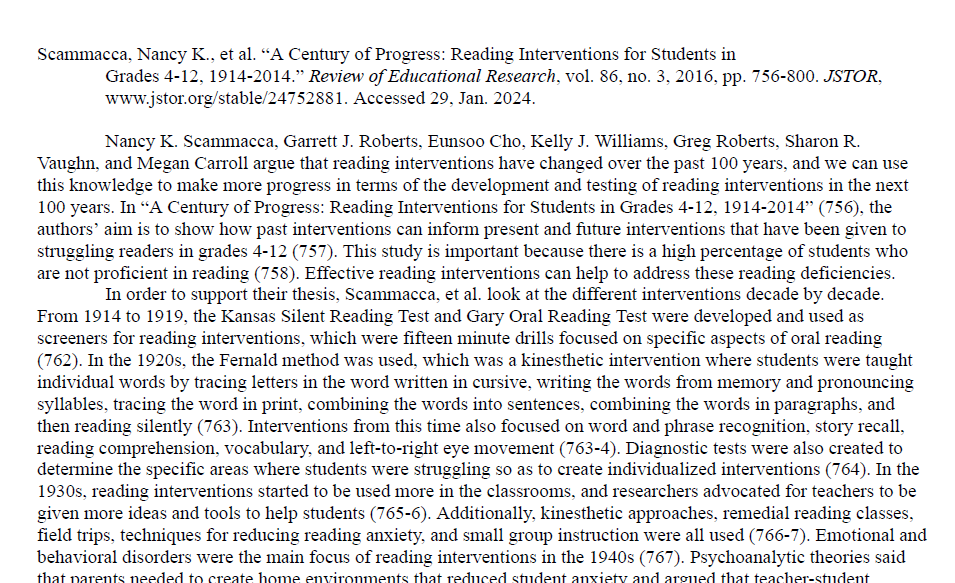 History of Reading Interventions Article Analysis