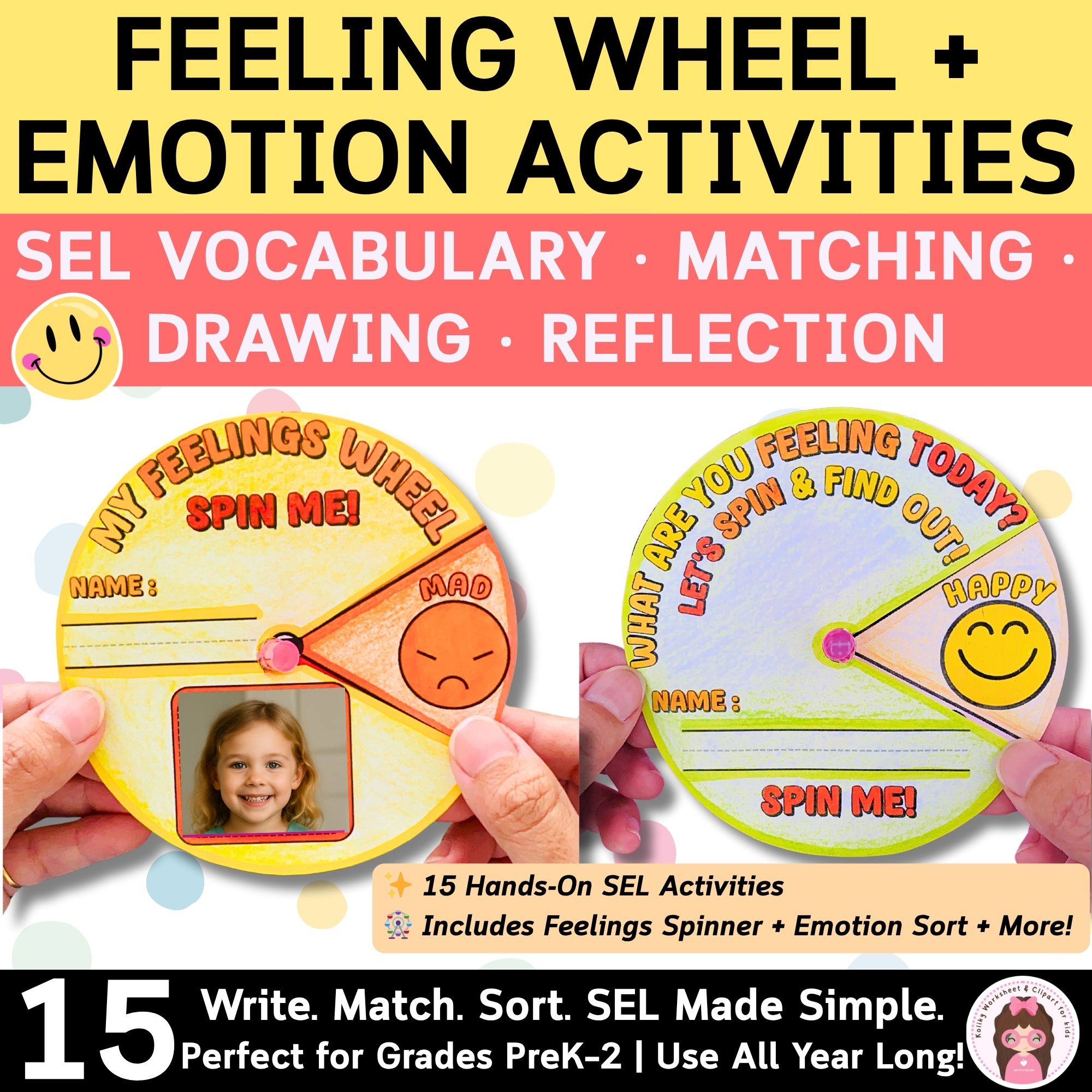Feelings Wheel and Emotion Vocabulary SEL Activities for PreK to Grade 2