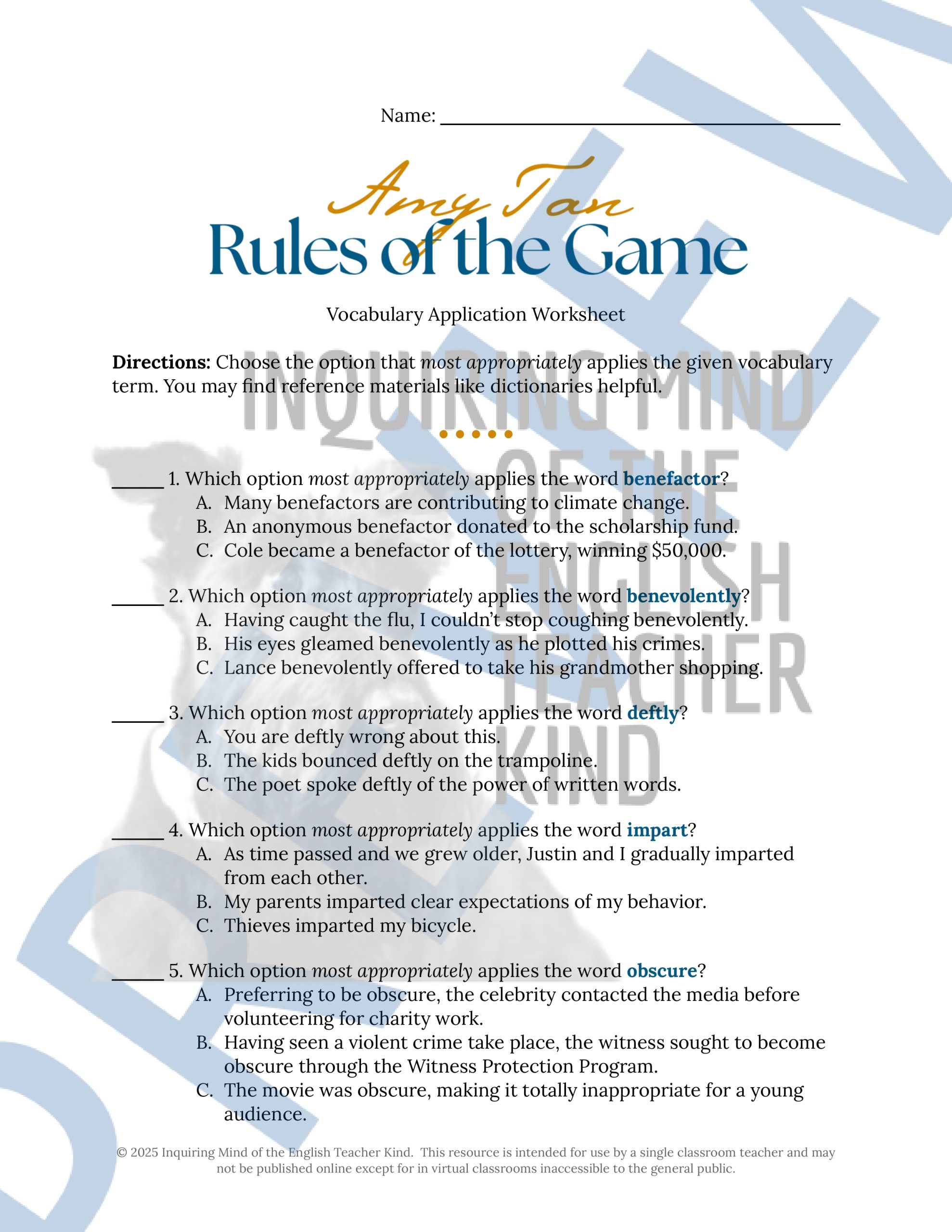 "Rules of the Game" by Amy Tan Vocabulary Enrichment Activities for ...