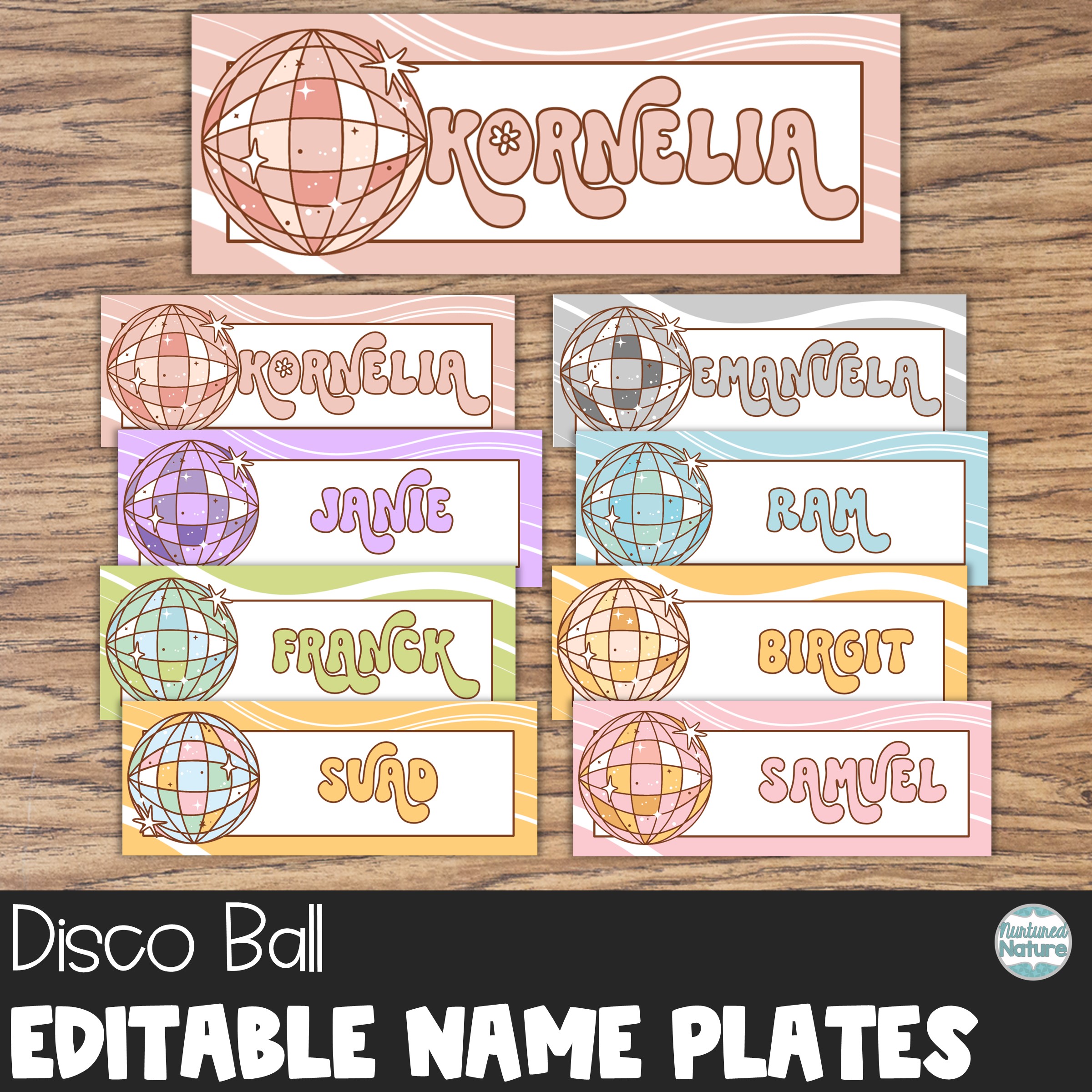 Groovy Classroom Decor Editable Name Plates - Disco Balls - Name Tags for Desks