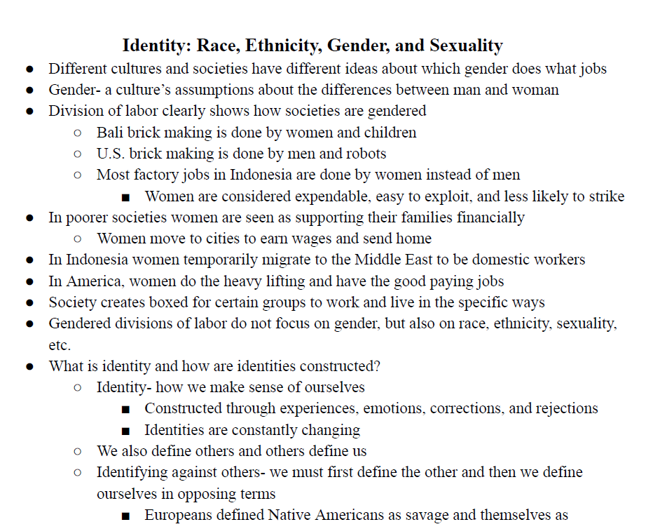 Identity: Race, Ethnicity, Gender, and Sexuality Notes