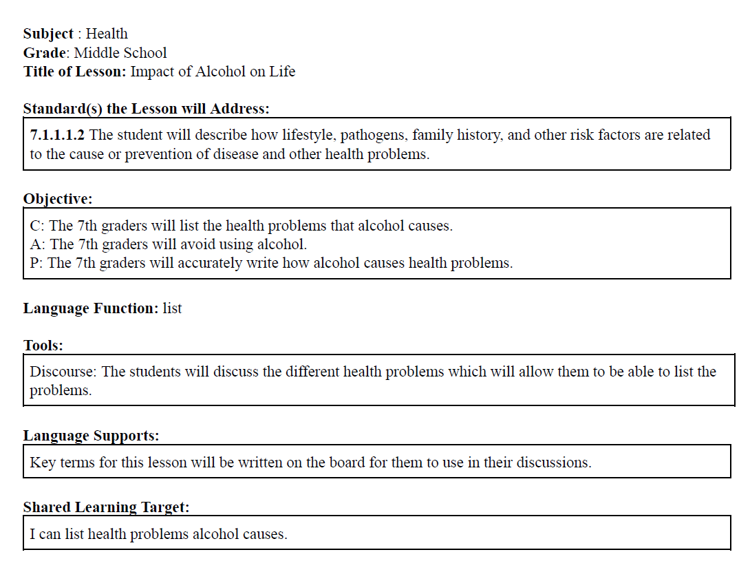 Impacts of Alcohol Lesson Plan