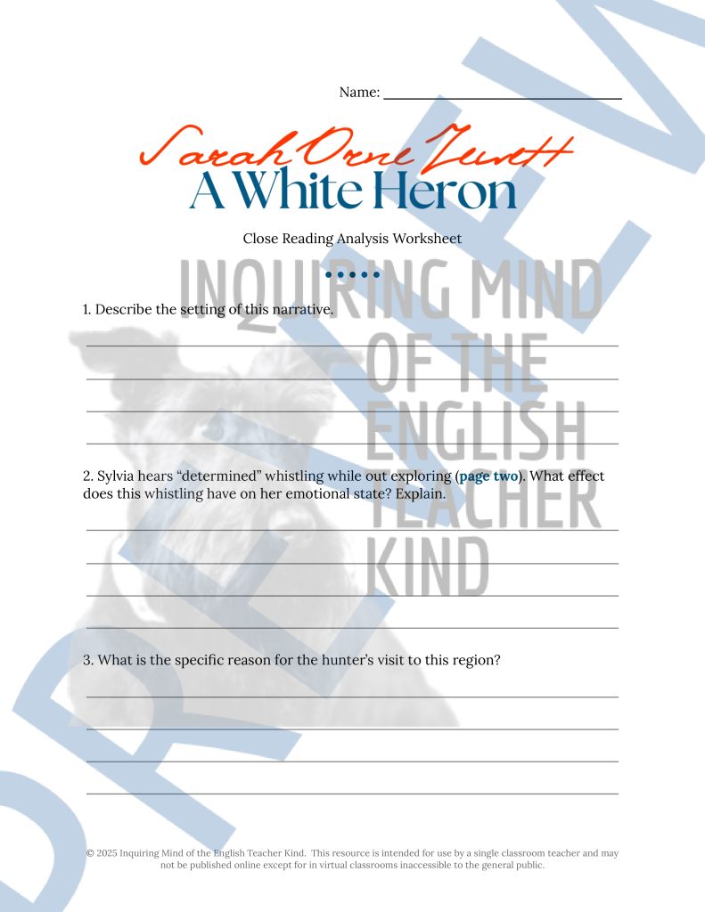 "A White Heron" by Sarah Orne Jewett Close Reading Worksheet and Lesson ...