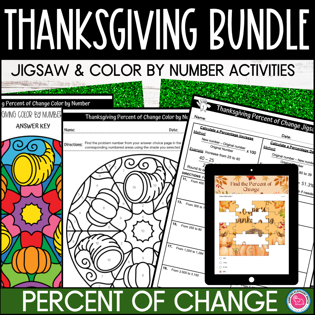 Thanksgiving Percent of Change Color by Number and Digital Jigsaw Activities