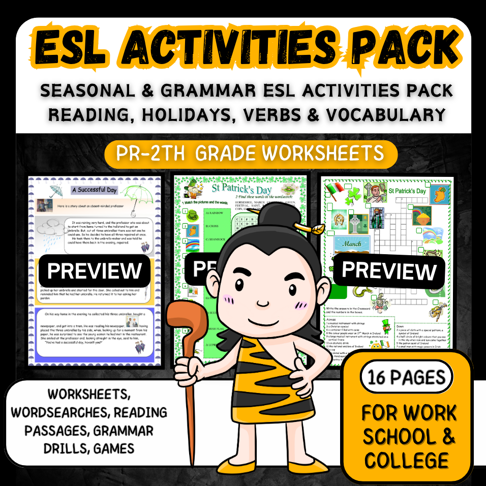 Seasonal & Grammar-Focused ESL Activities Pack – Reading, Holidays, Verbs & Vocabulary Tasks