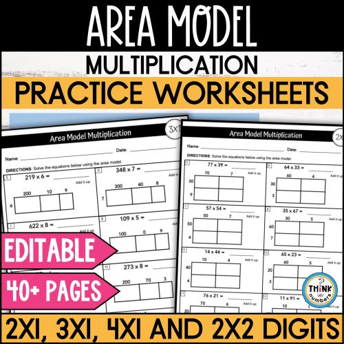 Area Model Multiplication Worksheets 2x1, 3x1, 4x1 and 2x2 Digits ...