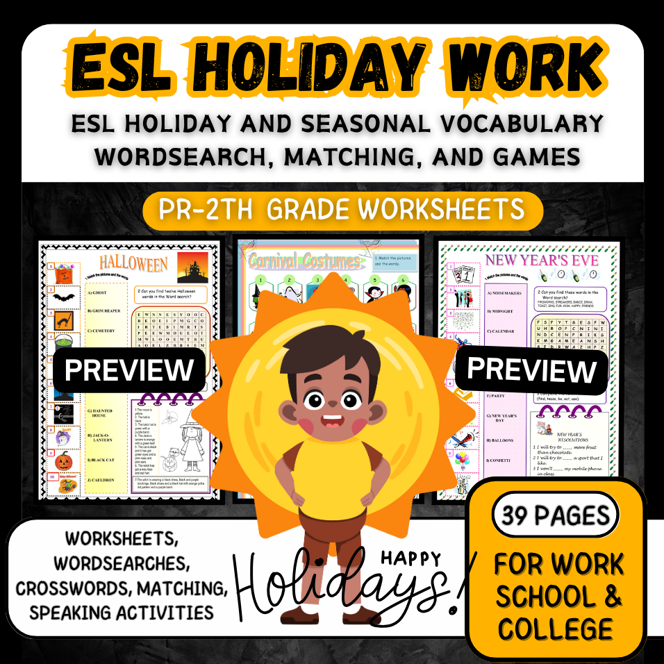 ESL Holiday and Seasonal Vocabulary Worksheets – Wordsearch, Matching, and Games
