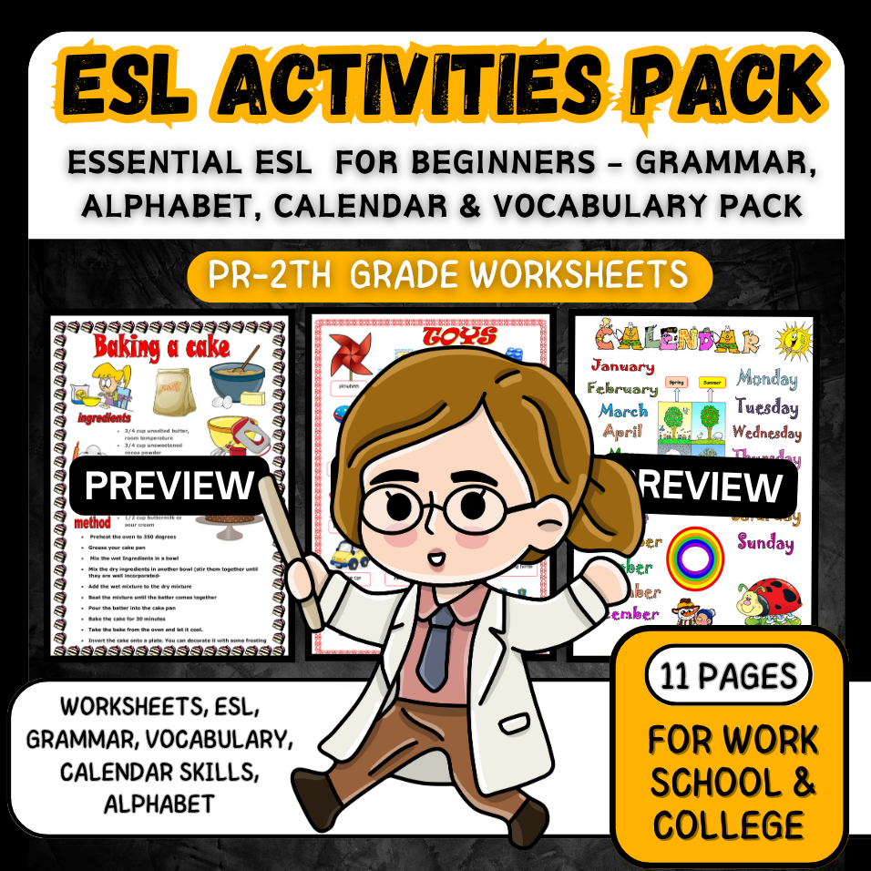 Essential ESL Worksheets for Beginners – Grammar, Alphabet, Calendar & Vocabulary Pack