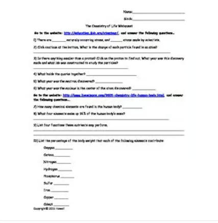 Chemistry of Life Webquest for Biology I