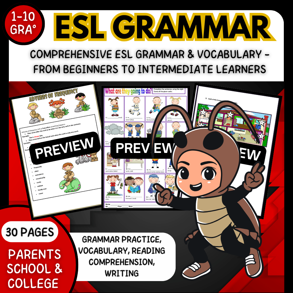 Comprehensive ESL Grammar & Vocabulary Worksheet Pack – From Beginners to Intermediate Learners