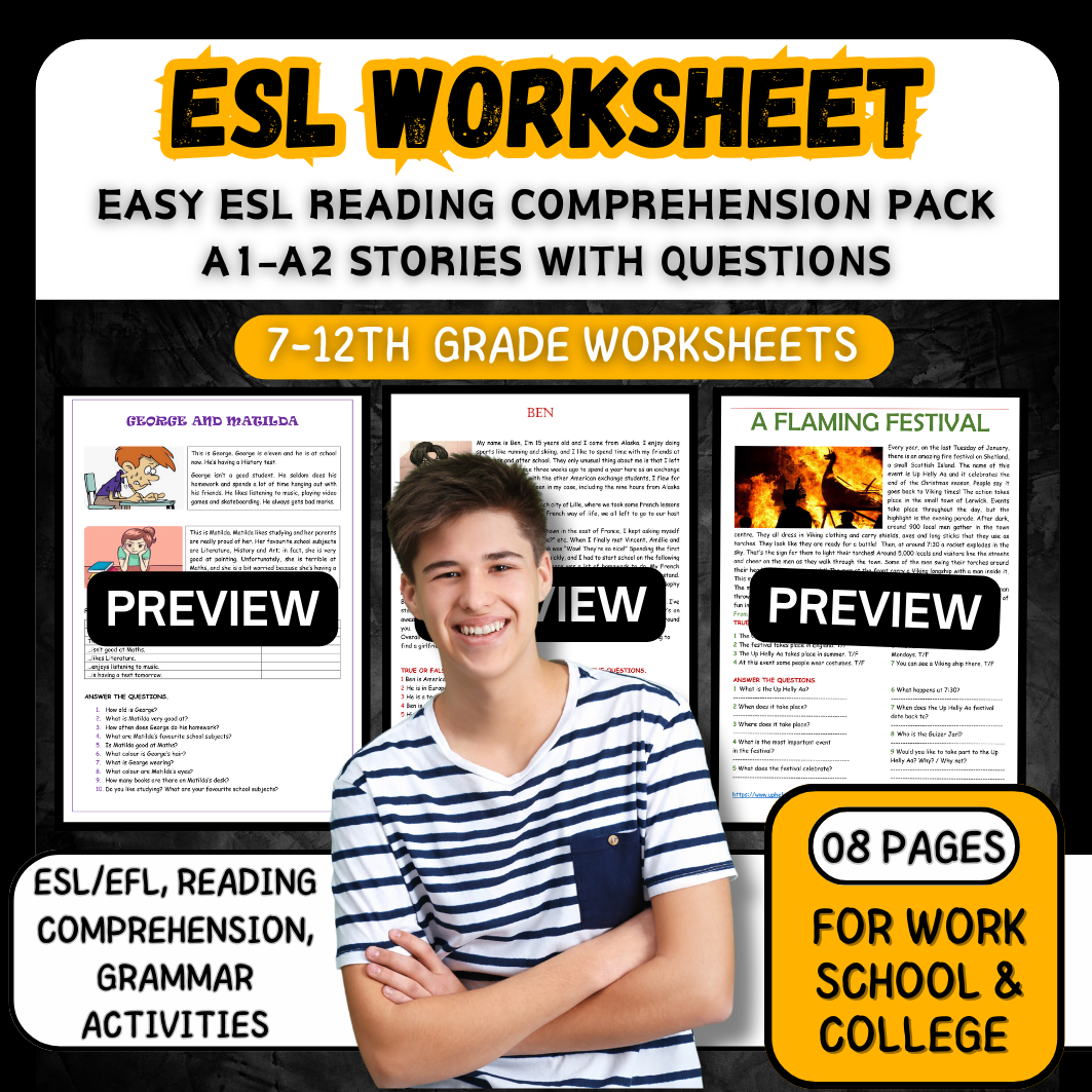 Easy ESL Reading Comprehension Pack A1-A2 Stories with Questions