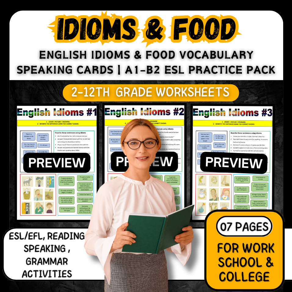 English Idioms & Food Vocabulary Speaking Cards | A1–B2 ESL Practice Pack