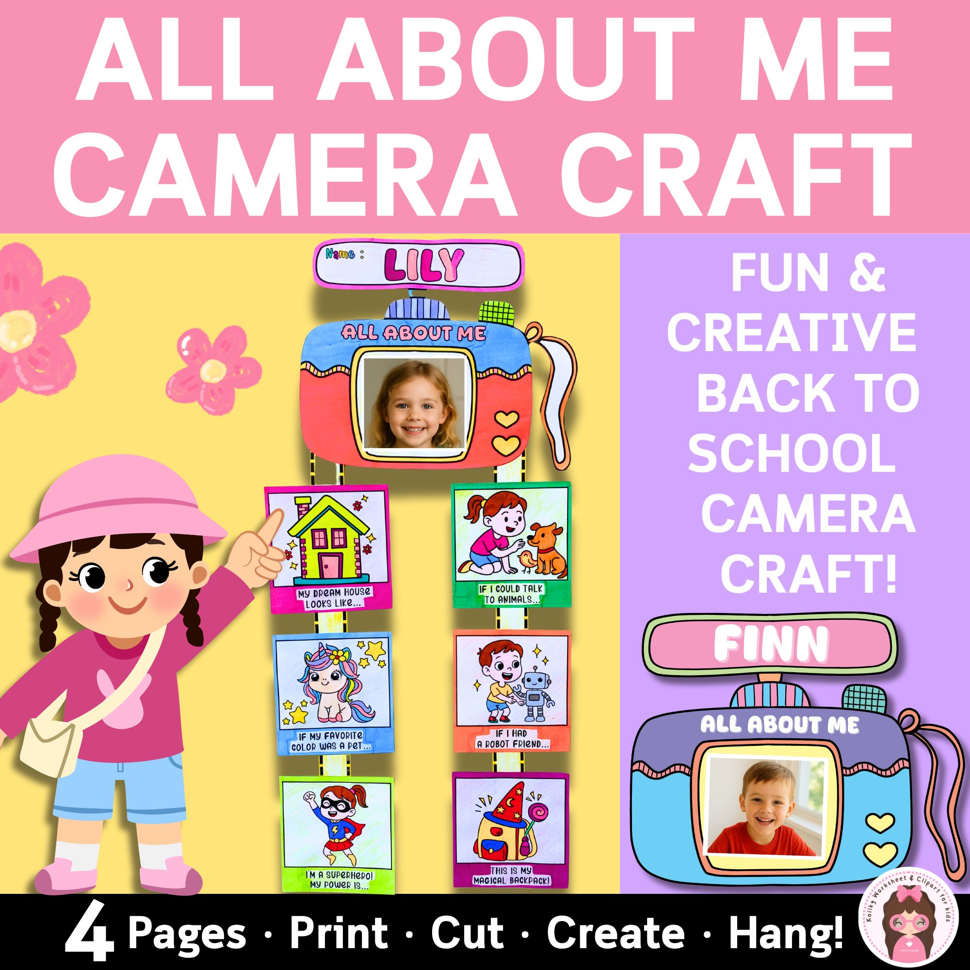 All About Me Camera Craft Writing Activity for Back to School PreK to 2nd
