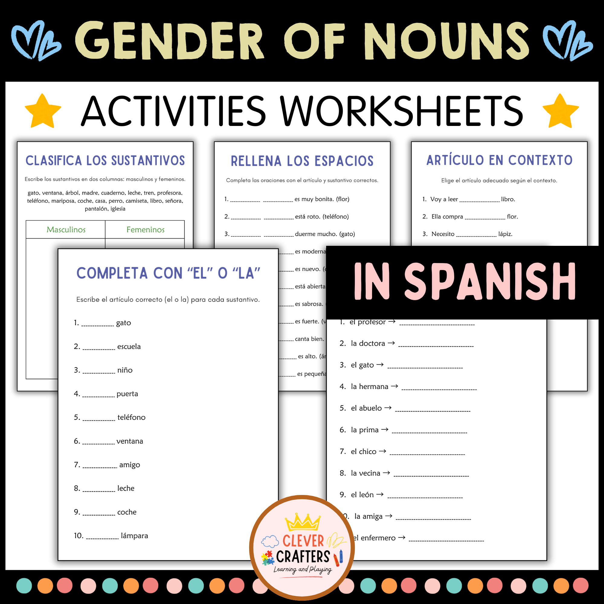Género de los Sustantivos - Gender of Nouns Grammar Worksheets in Spanish