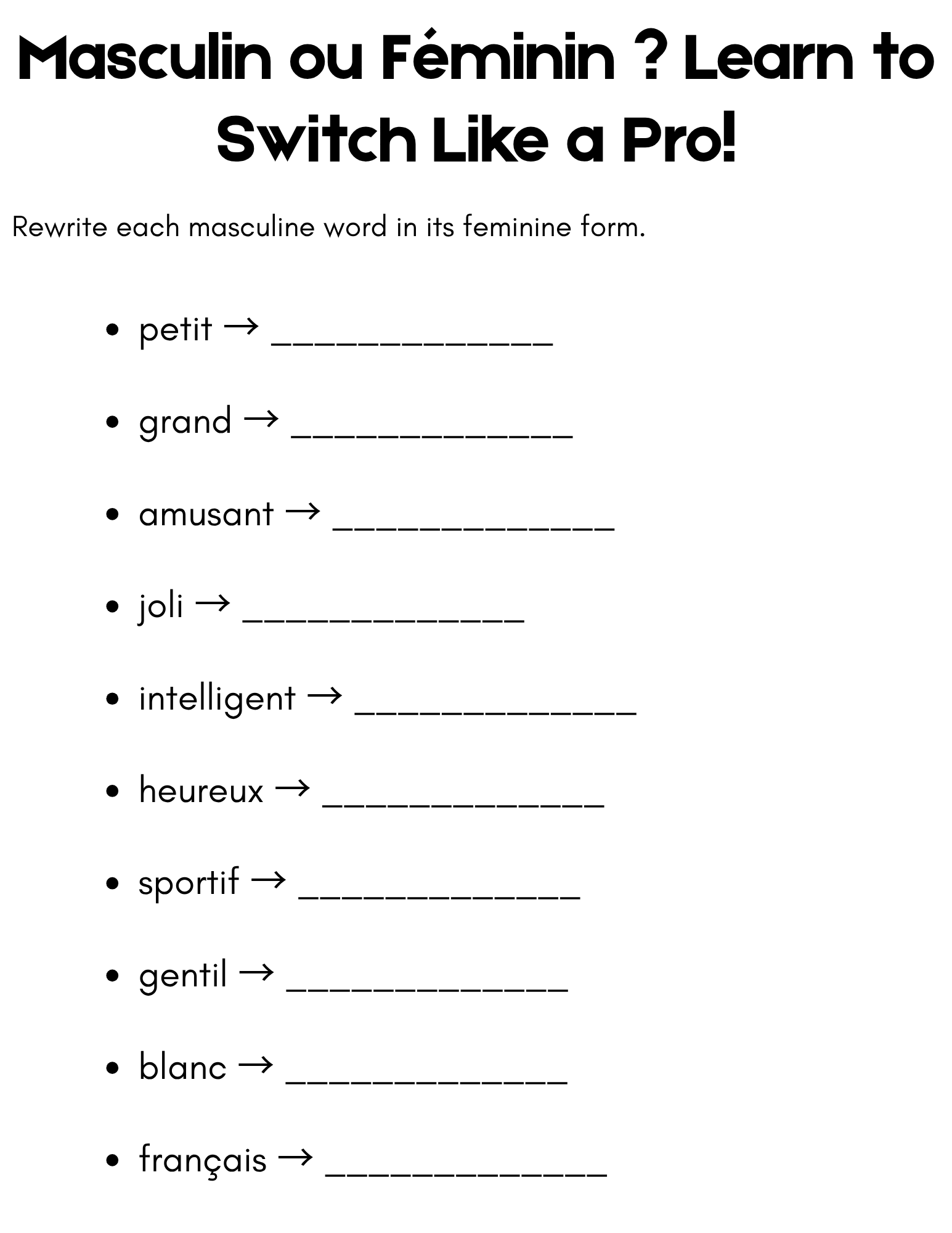 change masculine to feminine in french exercises with answers