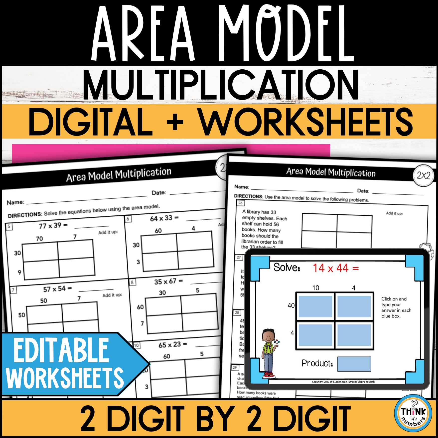 2 Digit by 2 Digit Area Model Multiplication Google Slides and Worksheets