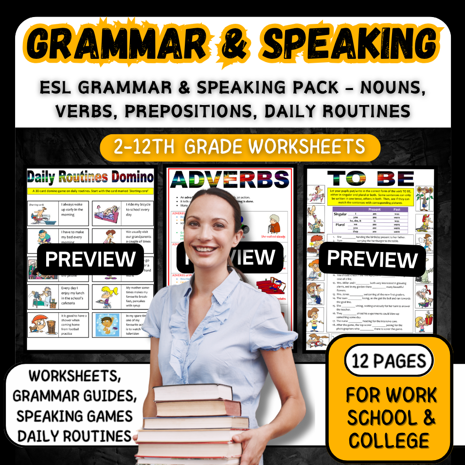 ESL Grammar & Speaking Pack - Nouns, Verbs, Prepositions, Daily Routines & More