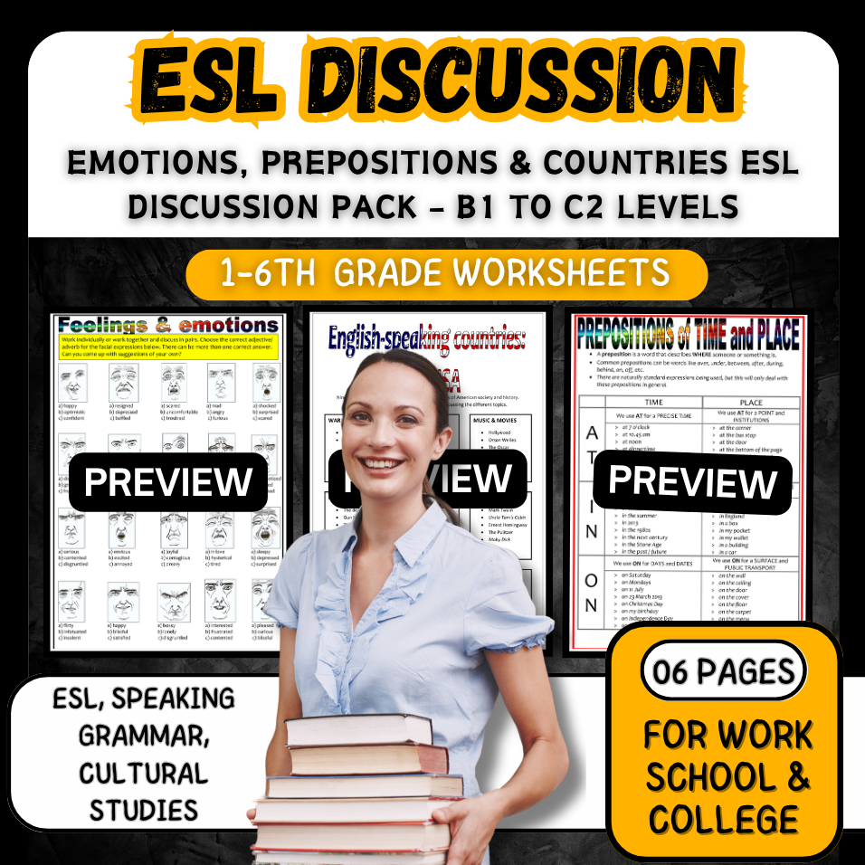 Emotions, Prepositions & Countries ESL Discussion Pack - B1 to C2 Levels