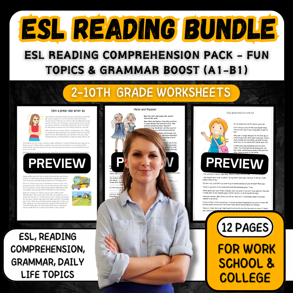 ESL Reading Comprehension Pack – Fun Topics & Grammar Boost (A1–B1)
