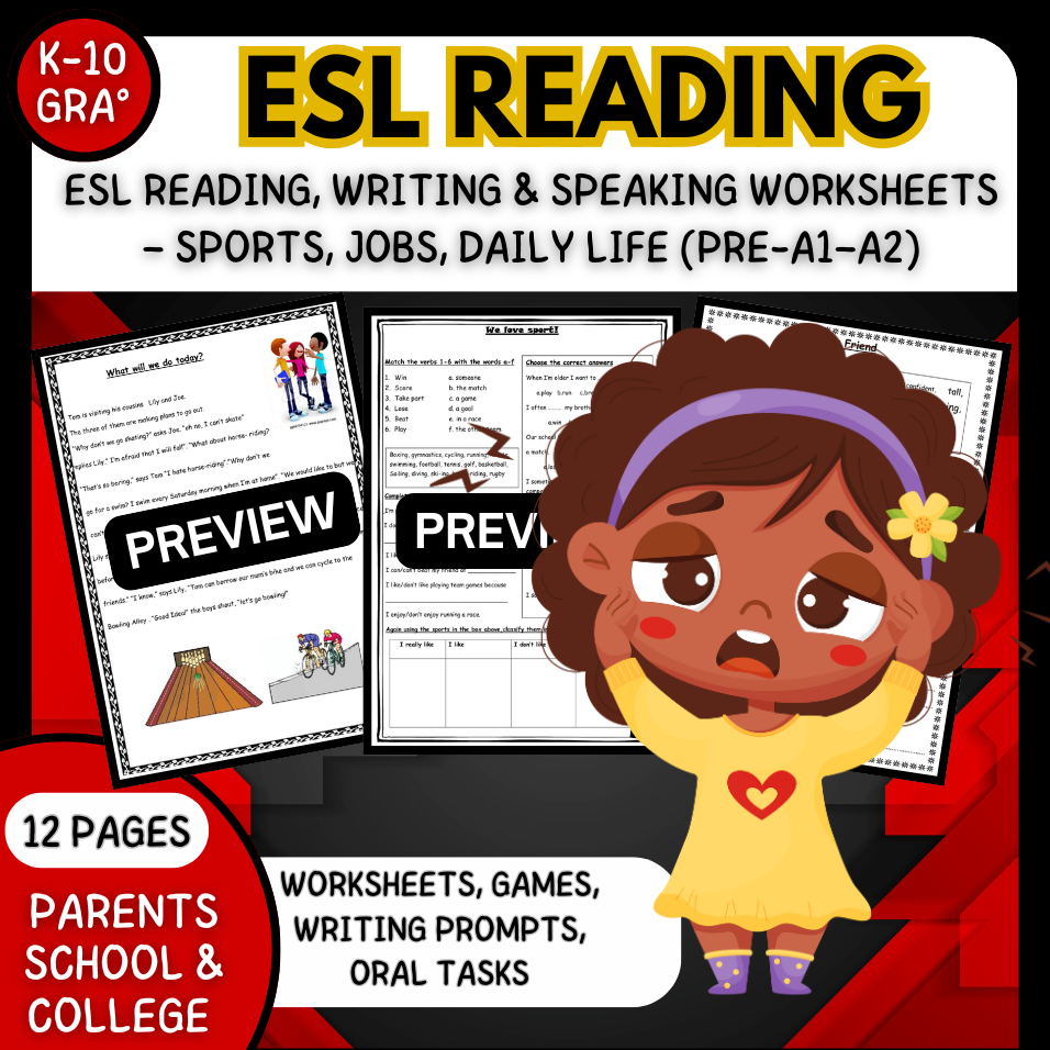 ESL Reading, Writing & Speaking Worksheets – Sports, Jobs, Daily Life back to school