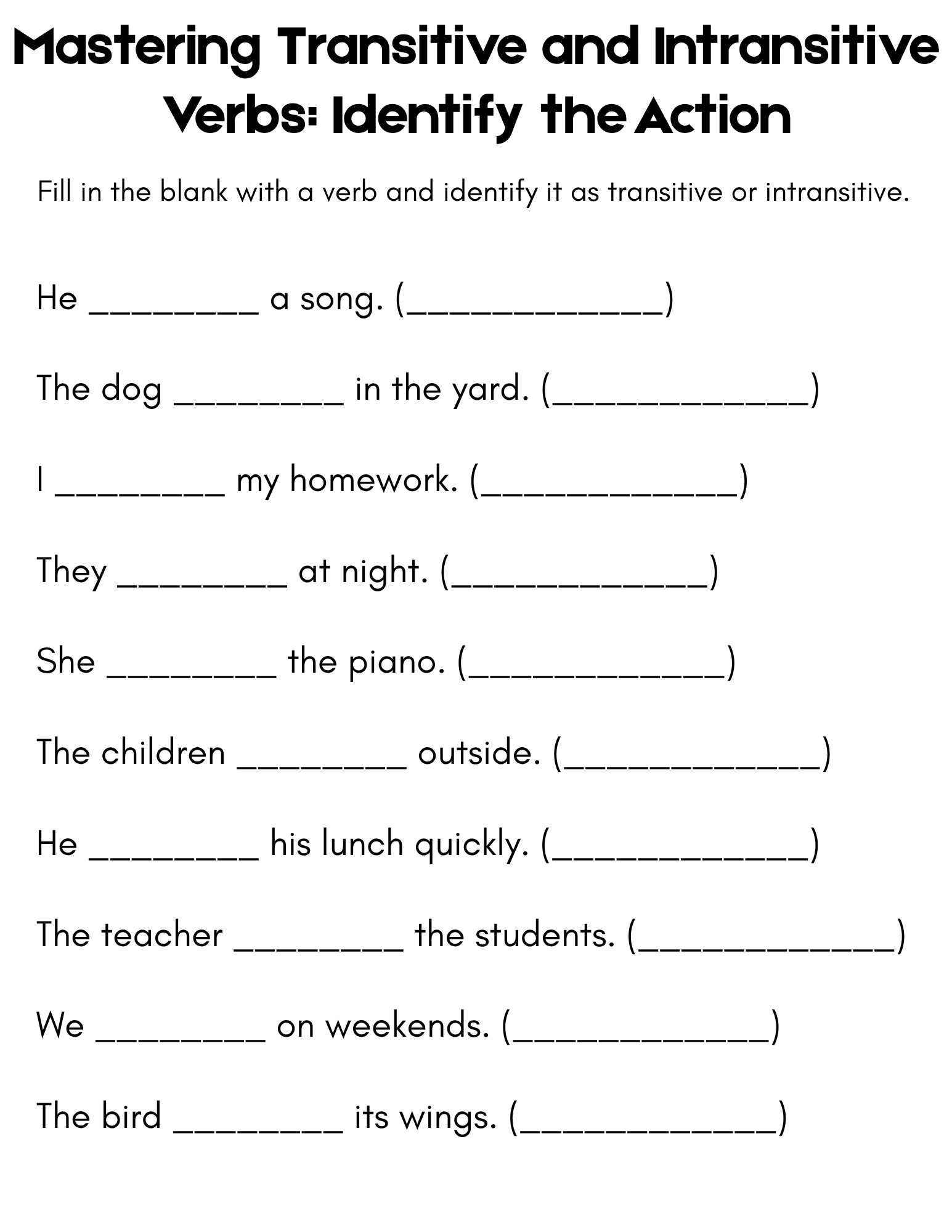 transitive and intransitive verbs exercises with answers