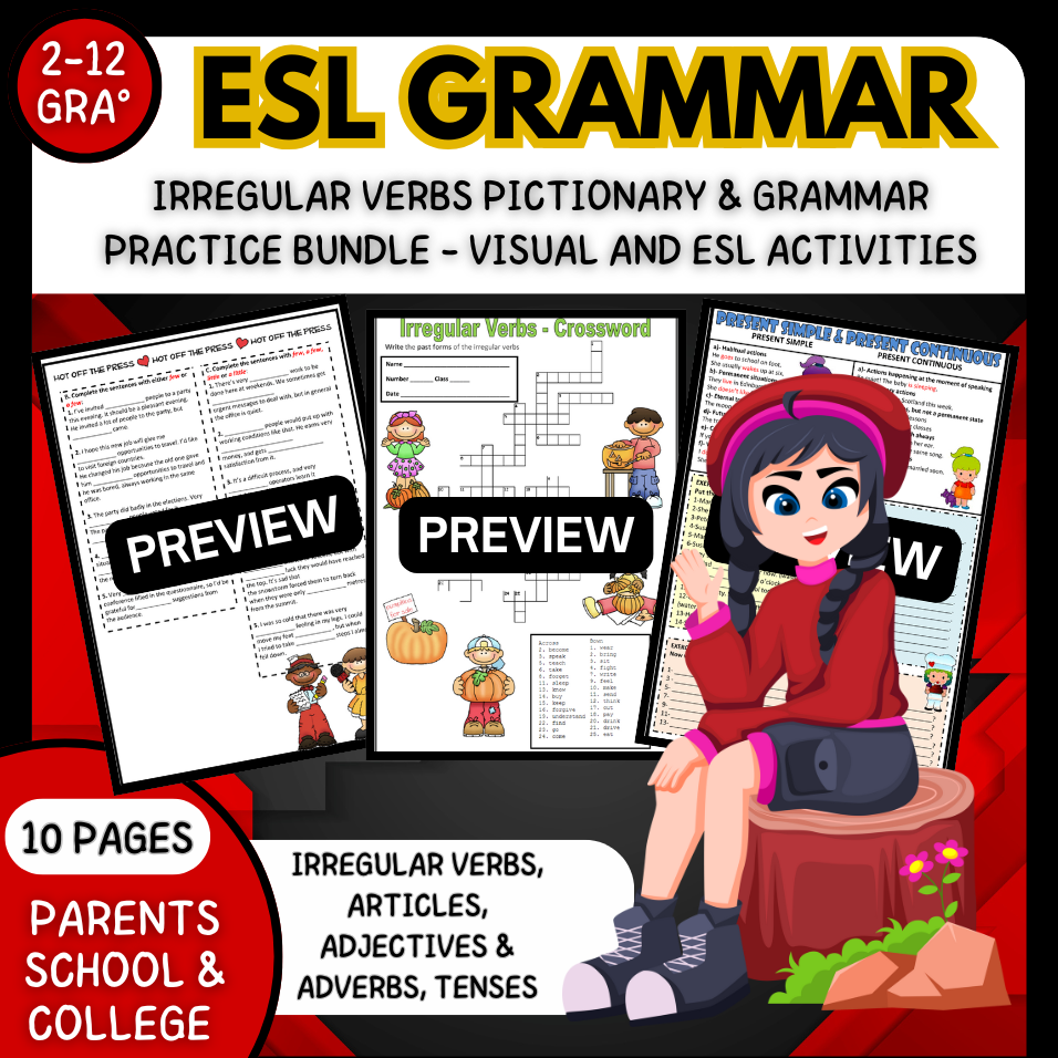 Irregular Verbs Pictionary & Grammar Practice Bundle - Visual ESL Activities back to school