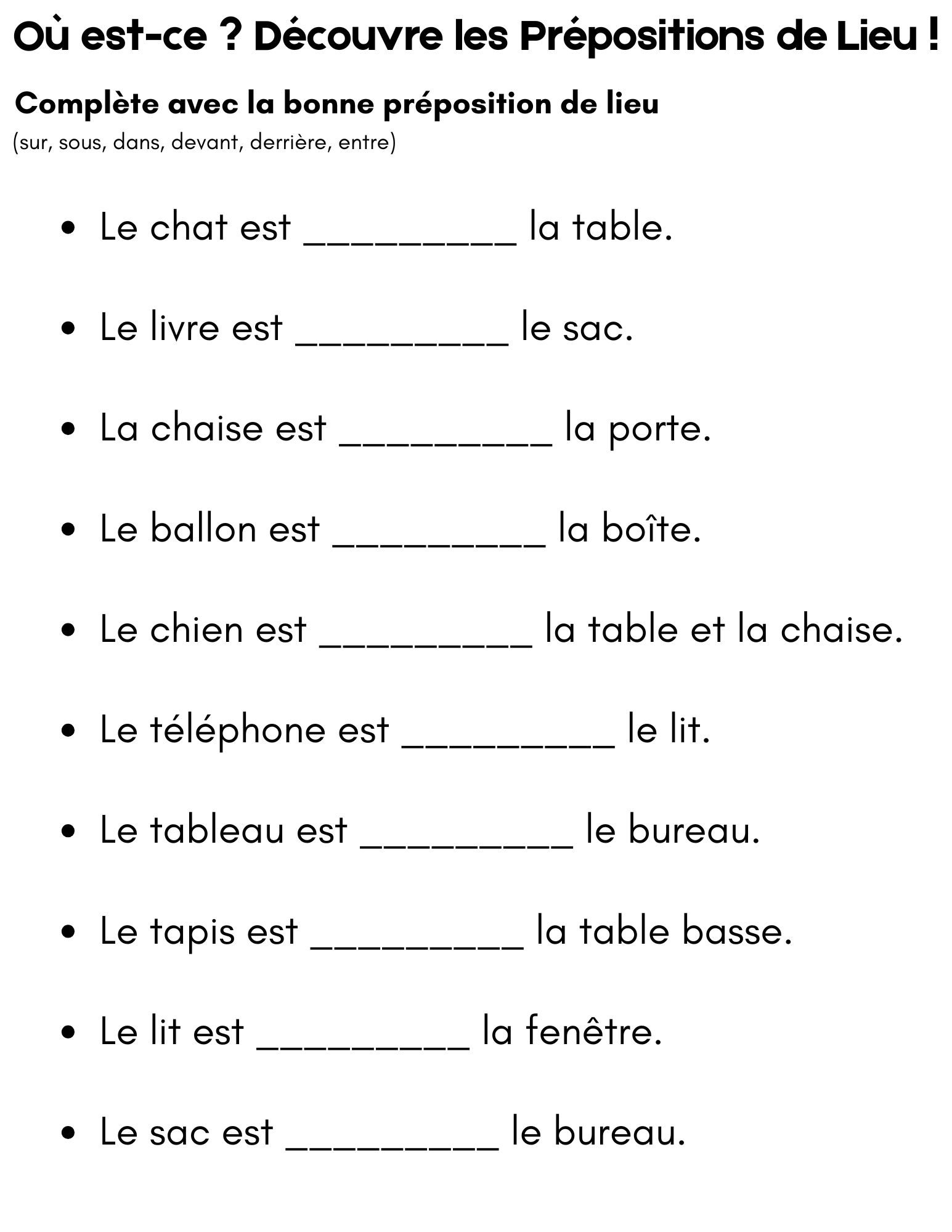 les prepositions de lieu in french exercises