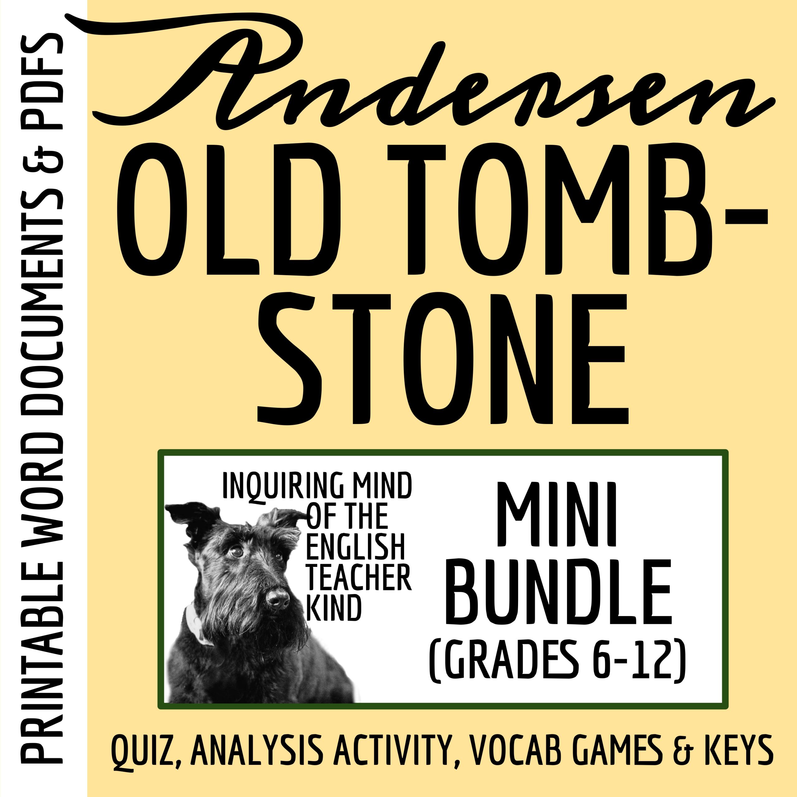"The Old Tombstone" Quiz, Close Reading Analysis Worksheet, and Vocabulary Games